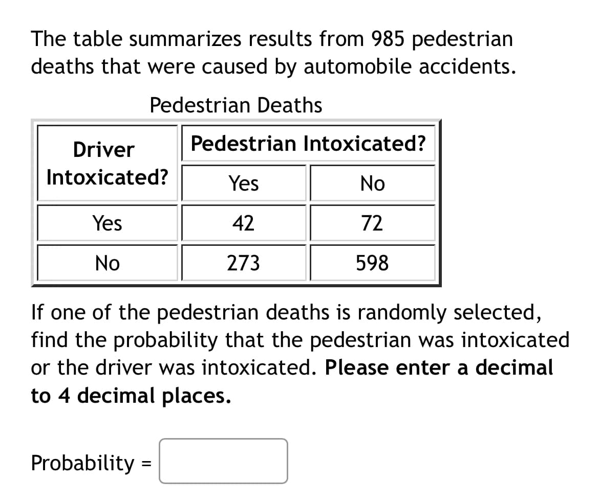 The table summarizes results from 985 pedestrian
deaths that were caused by automobile accidents.
Pedestrian Deaths
Driver
Pedestrian Intoxicated?
Intoxicated?
Yes
No
Yes
42
72
No
273
598
If one of the pedestrian deaths is randomly selected,
find the probability that the pedestrian was intoxicated
or the driver was intoxicated. Please enter a decimal
to 4 decimal places.
Probability=
=