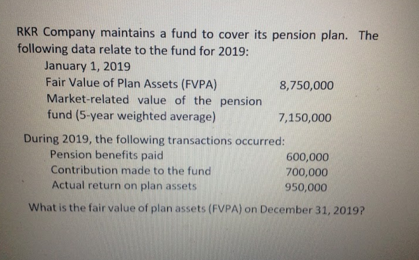 RKR Company maintains a fund to cover its pension plan. The
following data relate to the fund for 2019:
January 1, 2019
Fair Value of Plan Assets (FVPA)
Market-related value of the pension
fund (5-year weighted average)
8,750,000
7,150,000
During 2019, the following transactions occurred:
Pension benefits paid
Contribution made to the fund
600,000
700,000
Actual return on plan assets
950,000
What is the fair value of plan assets (FVPA) on December 31, 2019?
