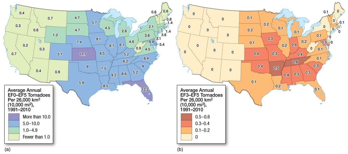 0.4
(a)
0.3
0.2
0.6
€
0.3
0.7
0.7
0.4
Average Annual
EFO-EF5 Tornadoes
Per 26,000 km²
(10,000 mi²),
1991-2010
More than 10.0
5.0-10.0
1.0-4.9
Fewer than 1.0
1.2
5.1
0.9
4.7
4.7
7.4
11.7
5.9
9
5.7
9.1
6.5
4.5
7.5
8.5
2.8
9.7 6.1
9.2
5.2
6.2
4.6
8.6
5.2
9
2.1
3.6
0.9 4.5
6.4
0.6
9.9
12.2
F
3.1
0.6
0.8
-1.4
1.4
3.6
5.4
0
(b)
0
0
0
*
0.5-0.6
0.3-0.4
0.1-0.2
0
0
0
0
Average Annual
EF3-EF5 Tornadoes
Per 26,000 km²
(10,000 mi²),
1991-2010
0
0
0
0
0.1
0.2
0.1
0.4
0.1
0.4
0.2
0.3
0.3
0.1
0.5
0.2
0.1
0.2 0.4
0.6
0.4 0.3
0.2
0.4
0
0.3
0.1
0.1
0.3
0.1
0.1
0.1
0
0
0.3 0
0
0.1
0