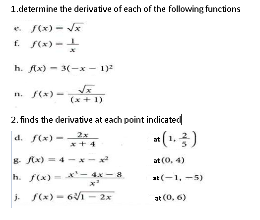 1.determine the derivative of each of the following functions
e. f(x)= Jx
f. f(x)= l
%3D
h. f(x) = 3(-x – 1)2
%3|
n. f(x)
(x + 1)
2. finds the derivative at each point indicated
d. f(x) =
2x
x + 4
a(1.)
%3D
g. f(x) = 4
- x2
at (0, 4)
%3D
h. ƒ(x)= x²– 4x – 8
x?
at (-1, -5)
j. f(x)= 6ī
at (0, 6)
2x
