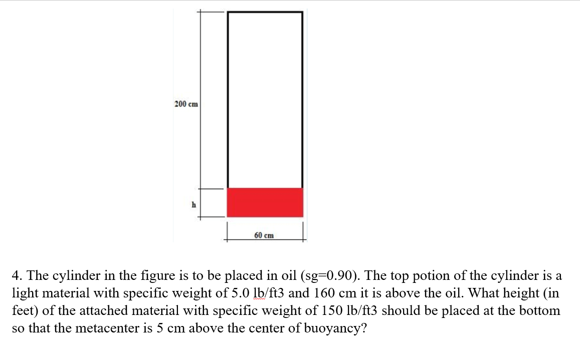 200 cm
60 cm
4. The cylinder in the figure is to be placed in oil (sg=0.90). The top potion of the cylinder is a
light material with specific weight of 5.0 lb/ft3 and 160 cm it is above the oil. What height (in
feet) of the attached material with specific weight of 150 lb/ft3 should be placed at the bottom
so that the metacenter is 5 cm above the center of buoyancy?
