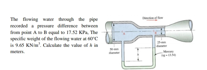 Direction of flow
The flowing water through the pipe
recorded a pressure difference between
from point A to B equal to 17.52 KPa, The
specific weight of the flowing water at 60°C
is 9.65 KN/m³. Calculate the value of h in
25-mm
diameter
50-mm
Mercury
(sg - 13.54)
meters.
diameter
