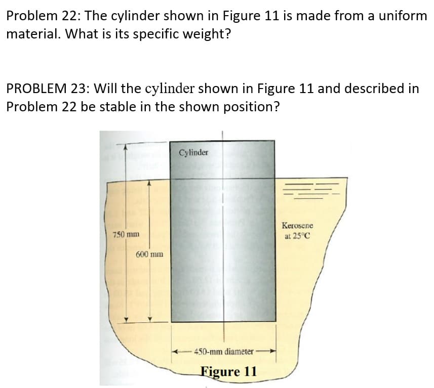 Problem 22: The cylinder shown in Figure 11 is made from a uniform
material. What is its specific weight?
PROBLEM 23: Will the cylinder shown in Figure 11 and described in
Problem 22 be stable in the shown position?
Cylinder
Kerosene
750 mm
at 25°C
600 mm
450-mm diameter
Figure 11
