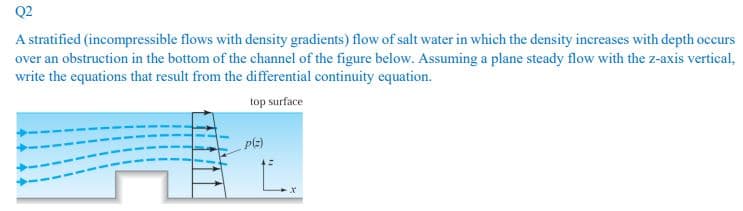 Q2
A stratified (incompressible flows with density gradients) flow of salt water in which the density increases with depth occurs
over an obstruction in the bottom of the channel of the figure below. Assuming a plane steady flow with the z-axis vertical,
write the equations that result from the differential continuity equation.
top surface
p(=)
