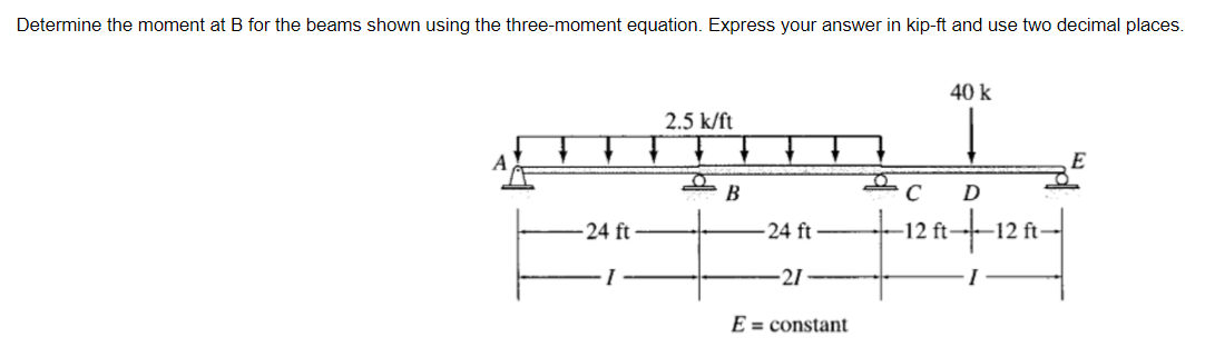 Determine the moment at B for the beams shown using the three-moment equation. Express your answer in kip-ft and use two decimal places.
24 ft
2.5 k/ft
O
B
-24 ft
-27
E = constant
40 k
C
-12 ft-
D
-12 ft-
