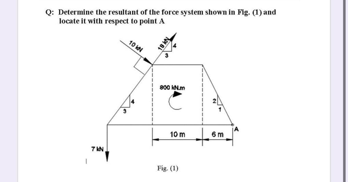 Q: Determine the resultant of the force system shown in Fig. (1) and
locate it with respect to point A
10 KN
800 kN.m
1
3
10 m
6 m
7 kN
Fig. (1)
18 kN
