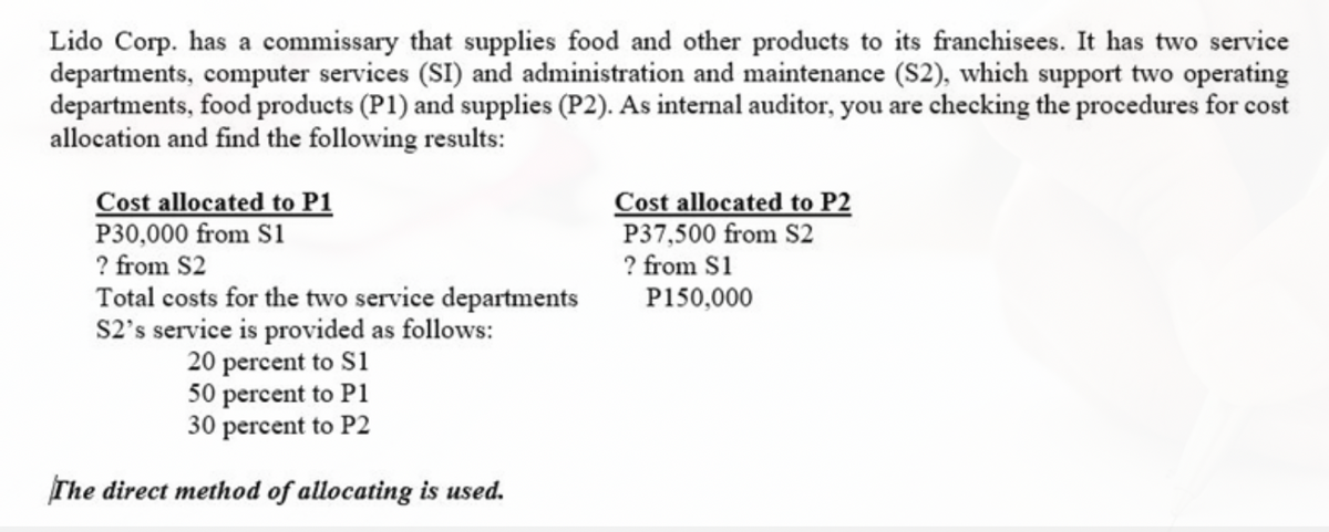 Lido Corp. has a commissary that supplies food and other products to its franchisees. It has two service
departments, computer services (SI) and administration and maintenance (S2), which support two operating
departments, food products (P1) and supplies (P2). As internal auditor, you are checking the procedures for cost
allocation and find the following results:
Cost allocated to P1
P30,000 from S1
? from S2
Cost allocated to P2
P37,500 from S2
? from S1
Total costs for the two service departments
S2's service is provided as follows:
20 percent to S1
50 percent to P1
30 percent to P2
P150,000
The direct method of allocating is used.
