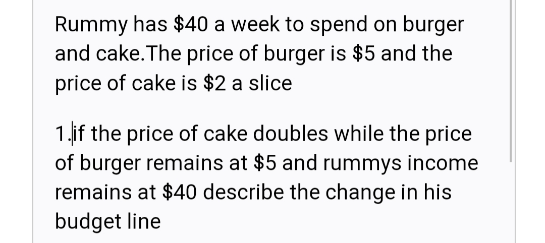 Rummy has $40 a week to spend on burger
and cake.The price of burger is $5 and the
price of cake is $2 a slice
1.if the price of cake doubles while the price
of burger remains at $5 and rummys income
remains at $40 describe the change in his
budget line
