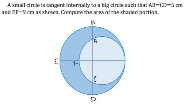 A small circle is tangent internally to a big circle such that AB=CD=5 cm
and EF=9 cm as shown. Compute the area of the shaded portion.
13
C
D
