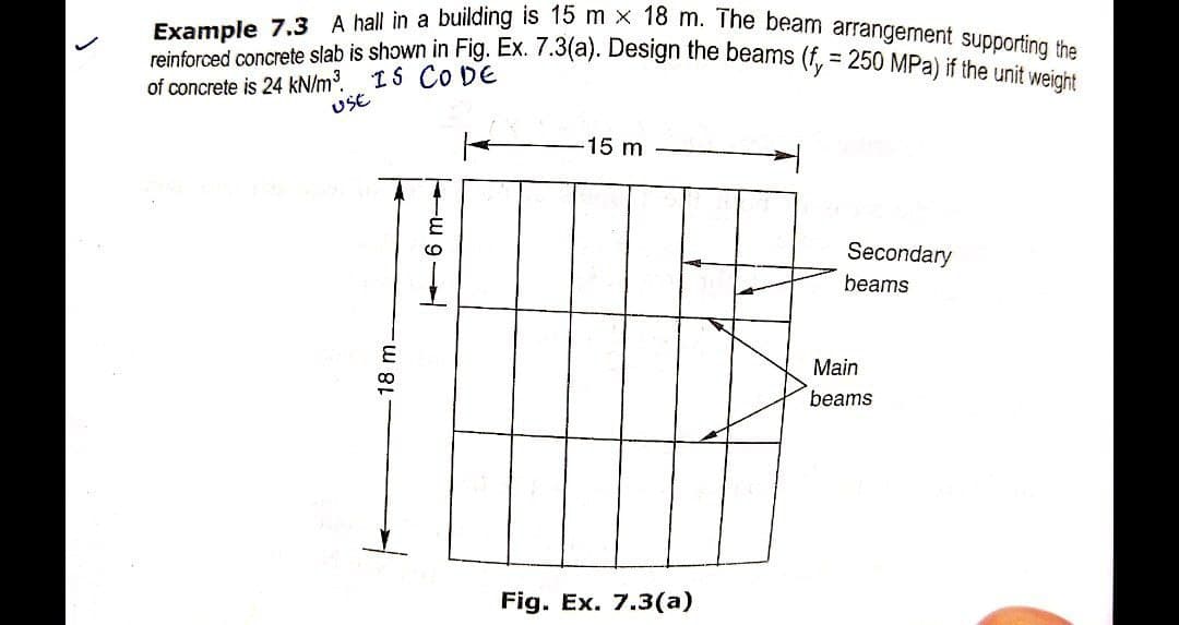 reinforced concrete slab is shɔwn in Fig. Ex. 7.3(a). Design the beams (f, = 250 MPa) if the unit weight
Example 7.3 A hall in a building is 15 m x 18 m. The beam arrangement supporting the
of concrete is 24 kN/m³. IS Co DE
USE
15 m
Secondary
beams
Main
beams
Fig. Ex. 7.3(a)
18 m-
6 m-
