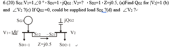 6.(20) Scı:Vi=1/0 ° • Sp=1 jQG2 V2=? SD=1Z=j0.5, (a)Find QG2 for |V2|=1 (b)
and /V2 ?(c) If QG2=0, could be supplied load SD2 ?(d) and <V₂ ?+
SGI
LjQG2
Vi=1/0°
SD1=1
S12
-S21
Z=j0.5 SD2-1
V2
3