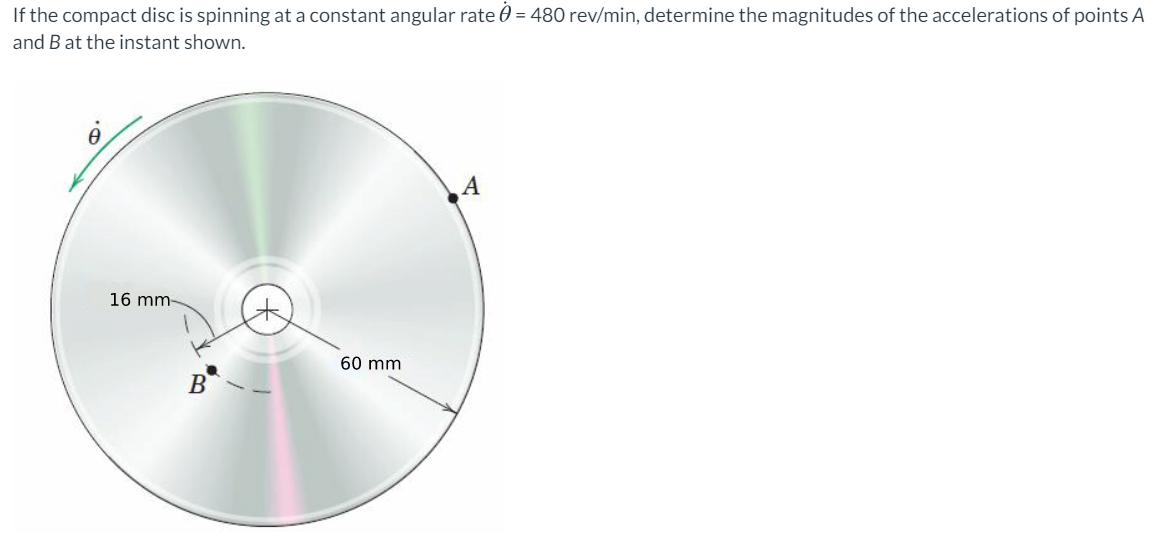 If the compact disc is spinning at a constant angular rate 0 = 480 rev/min, determine the magnitudes of the accelerations of points A
and B at the instant shown.
16 mm-
60 mm
B
