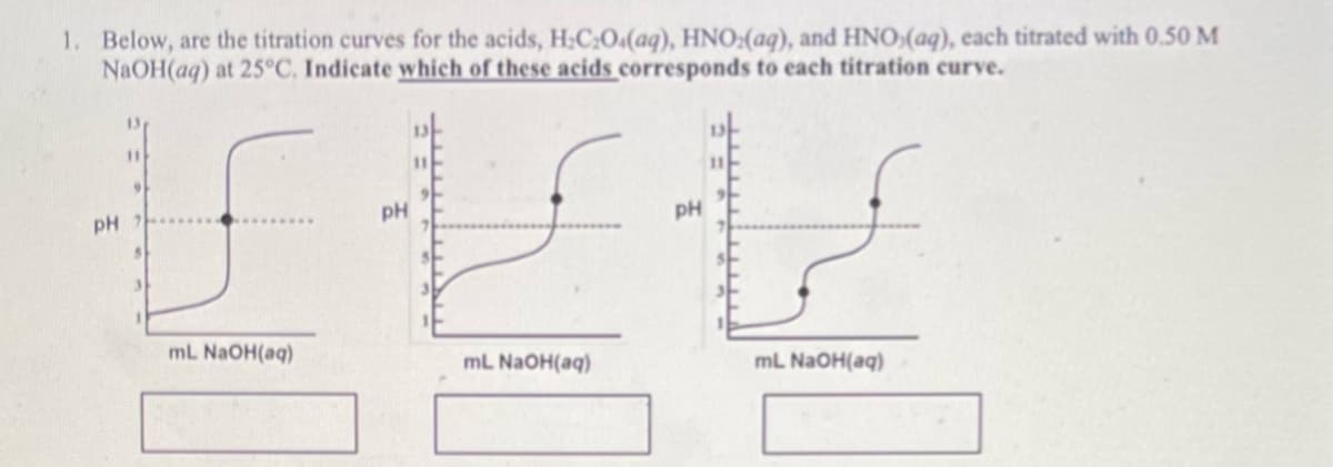 1. Below, are the titration curves for the acids, H₂C₂O4(aq), HNO₂(aq), and HNO₂(aq), each titrated with 0.50 M
NaOH(aq) at 25°C. Indicate which of these acids corresponds to each titration curve.
PH
PH
CLE
PH
ml NaOH(aq)
ml NaOH(aq)
11
11
ml NaOH(aq)
