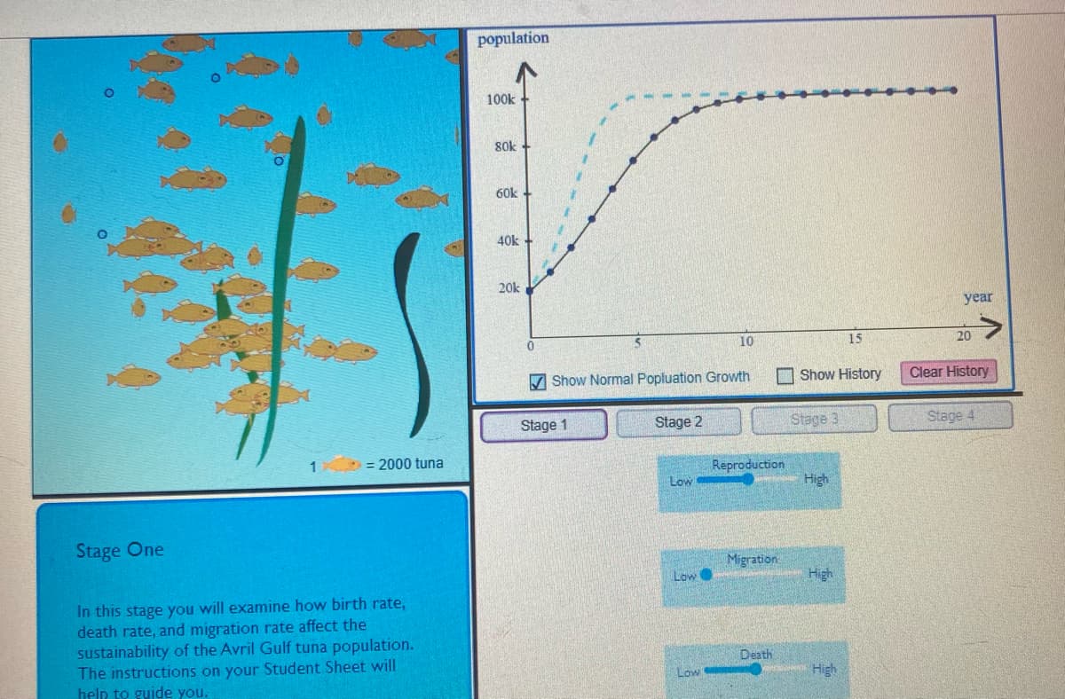 population
100k
S0k
60k
40k
20k
year
10
15
20
V Show Normal Popluation Growth
Show History
Clear History
Stage 1
Stage 2
Stage 3
Stage 4
= 2000 tuna
Reproduction
High
Low
Stage One
Migration
Low
High
In this stage you will examine how birth rate,
death rate, and migration rate affect the
sustainability of the Avril Gulf tuna population.
The instructions on your Student Sheet will
help to guide you.
Death
Low
High
