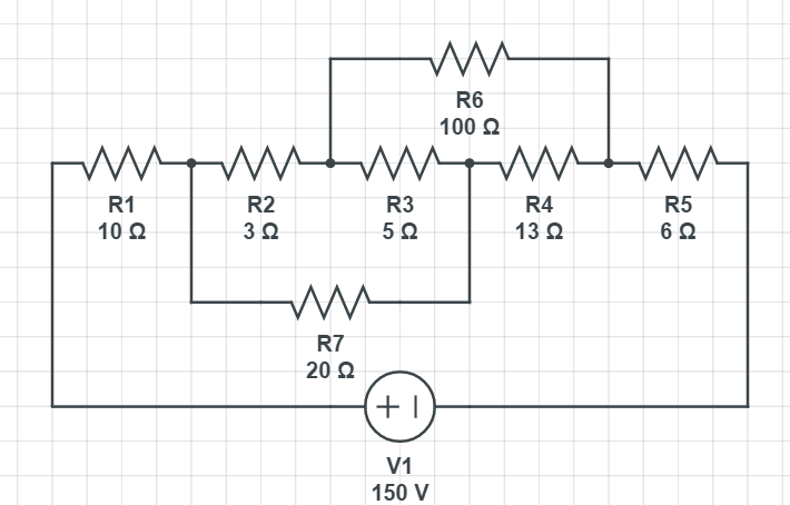 R6
100 Q
R1
R2
R3
R4
R5
10 Q
13 Q
6Ω
R7
20 2
V1
150 V
