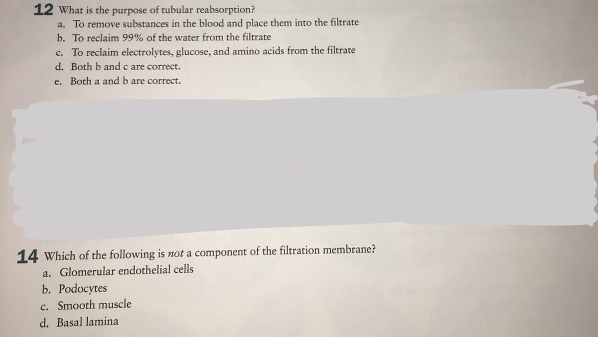 12 What is the purpose of tubular reabsorption?
a. To remove substances in the blood and place them into the filtrate
b. To reclaim 99% of the water from the filtrate
c. To reclaim electrolytes, glucose, and amino acids from the filtrate
d. Both b and c are correct.
e. Both a and b are correct.
14 Which of the following is not a component of the filtration membrane?
a. Glomerular endothelial cells
b. Podocytes
c. Smooth muscle
d. Basal lamina
