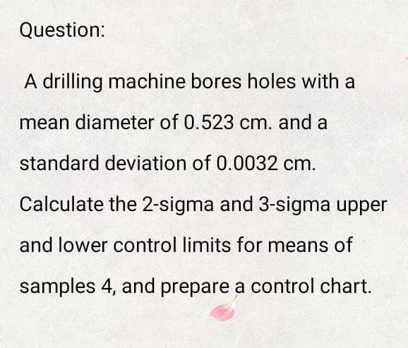 Question:
A drilling machine bores holes with a
mean diameter of 0.523 cm. and a
standard deviation of 0.0032 cm.
Calculate the 2-sigma and 3-sigma upper
and lower control limits for means of
samples 4, and prepare a control chart.
