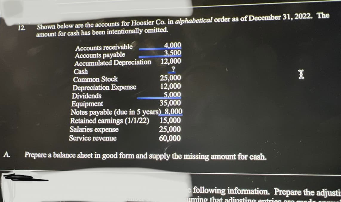 A.
12.
Shown below are the accounts for Hoosier Co. in alphabetical order as of December 31, 2022. The
amount for cash has been intentionally omitted.
Accounts receivable
Accounts payable
Accumulated Depreciation
Cash
Common Stock
Depreciation Expense
Dividends
Equipment
4,000
3,500
12,000
25,000
12,000
5,000
35,000
Notes payable (due in 5 years) 8,000
Retained earnings (1/1/22)
15,000
Salaries expense
25,000
Service revenue
60,000
Prepare a balance sheet in good form and supply the missing amount for cash.
I
following information. Prepare the adjusti-
uming that adjusting entries aro modo