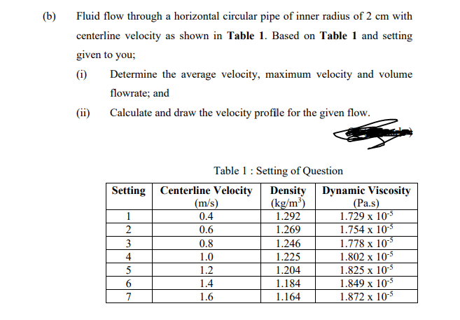(b)
Fluid flow through a horizontal circular pipe of inner radius of 2 cm with
centerline velocity as shown in Table 1. Based on Table 1 and setting
given to you;
(i)
Determine the average velocity, maximum velocity and volume
flowrate; and
(ii)
Calculate and draw the velocity profile for the given flow.
Table 1: Setting of Question
Density Dynamic Viscosity
(Pa.s)
1.729 x 10-5
1.754 x 10*
1.778 x 105
1.802 x 105
1.825 x 105
1.849 x 105
1.872 x 10-5
Setting Centerline Velocity
(m/s)
(kg/m³)
1
0.4
1.292
2
0.6
1.269
3
0.8
1.246
4
1.0
1.225
1.2
1.204
6
1.4
1.184
1.164
7
1.6
