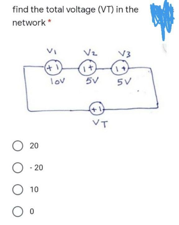 find the total voltage (VT) in the
network *
VI
12
V3
lov
5V
5V
+1,
VT
O 20
O - 20
O 10
