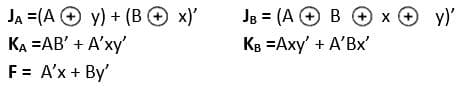 JA (A + y) + (B + x)'
KA=AB' + A'xy'
F = A'x + By'
JB = (A + B + x + y)'
X
KB =Axy' + A'Bx'