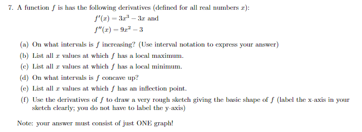 7. A function f is has the following derivatives (defined for all real numbers x):
f'(x) = 3r – 3r and
f"(x) = 92? – 3
(a) On what intervals is f increasing? (Use interval notation to express your answer)
(b) List all z values at which f has a local maximum.
(c) List all z values at which f has a local minimum.
(d) On what intervals is f concave up?
(e) List all z values at which f has an inflection point.
(f) Use the derivatives of f to draw a very rough sketch giving the basic shape of f (label the x-axis in your
sketch clearly; you do not have to label the y-axis)
Note: your answer must consist of just ONE graph!
