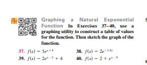 Graphing a Natural Exponential
Function In Exercises 37-40, use a
graphing utility to construct a table of values
for the function. Then sketch the graph of the
function.
38. f(x) - 2e1
40. f(x) - 2 + e-
37. fle) - 3e*4
39. fle) - 2e-1 + 4
