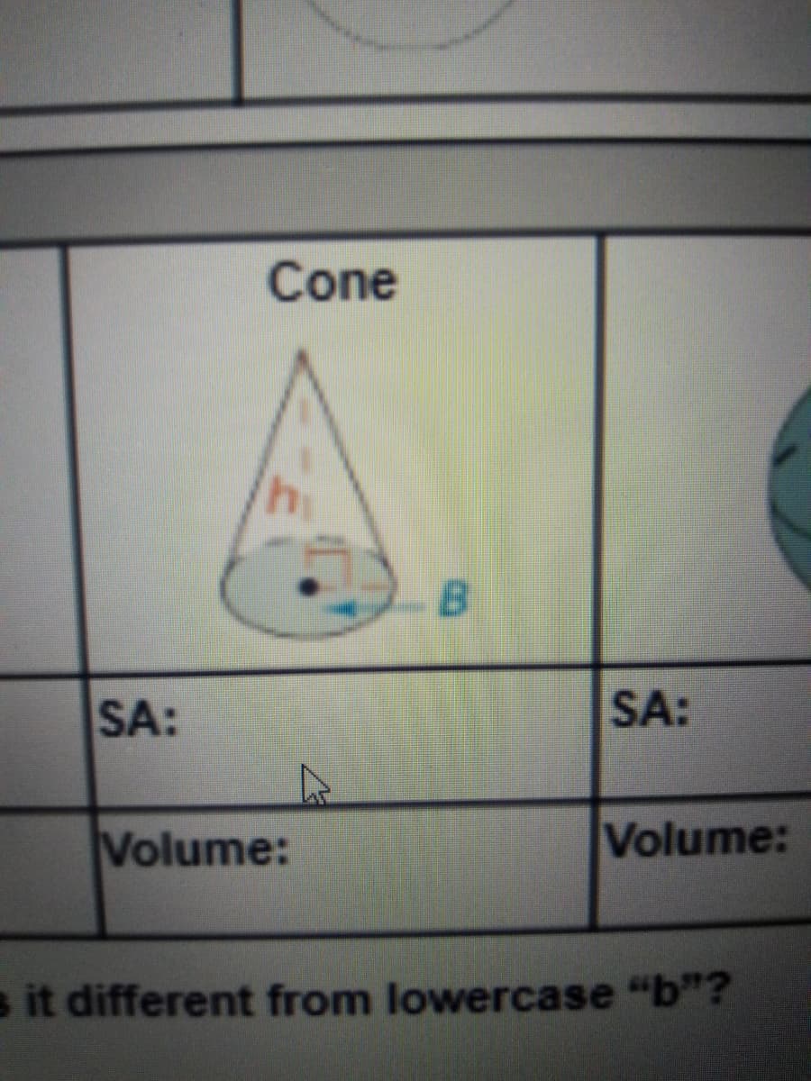 Cone
SA:
SA:
Volume:
Volume:
s it different from lowercase "b"?
