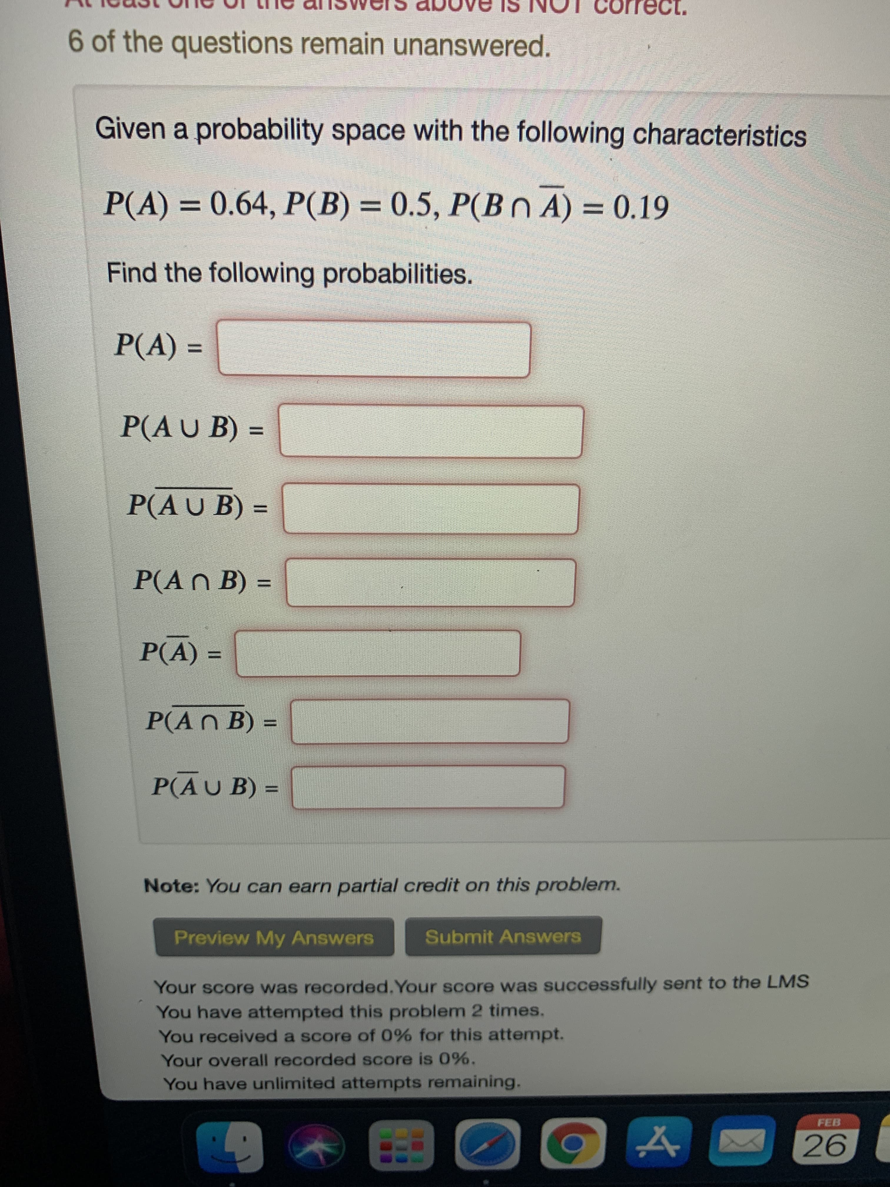 P(A) =
%3D
P(A U B) =
%3D
P(A U B) :
%3D
