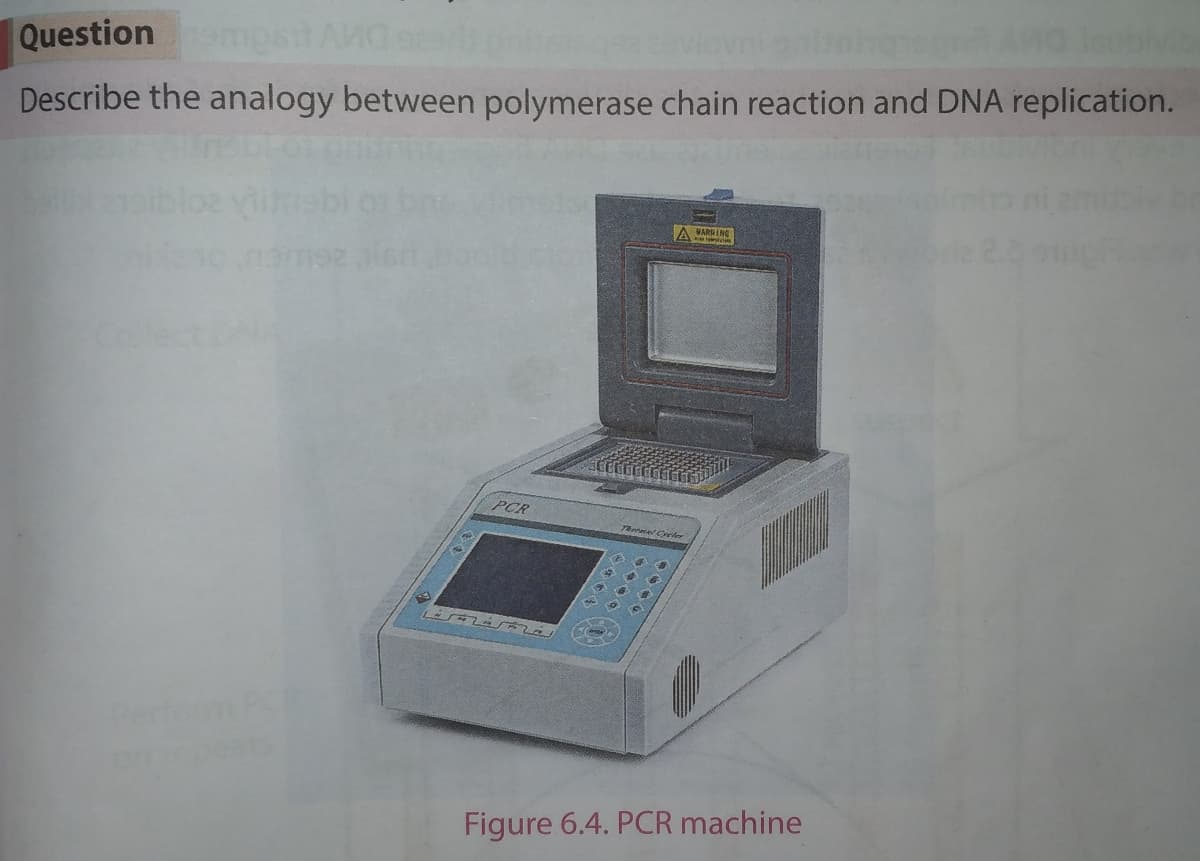 Question mpsit AM
Describe the analogy between polymerase chain reaction and DNA replication.
Col
PCR
Tanmerwer
Figure 6.4. PCR machine
