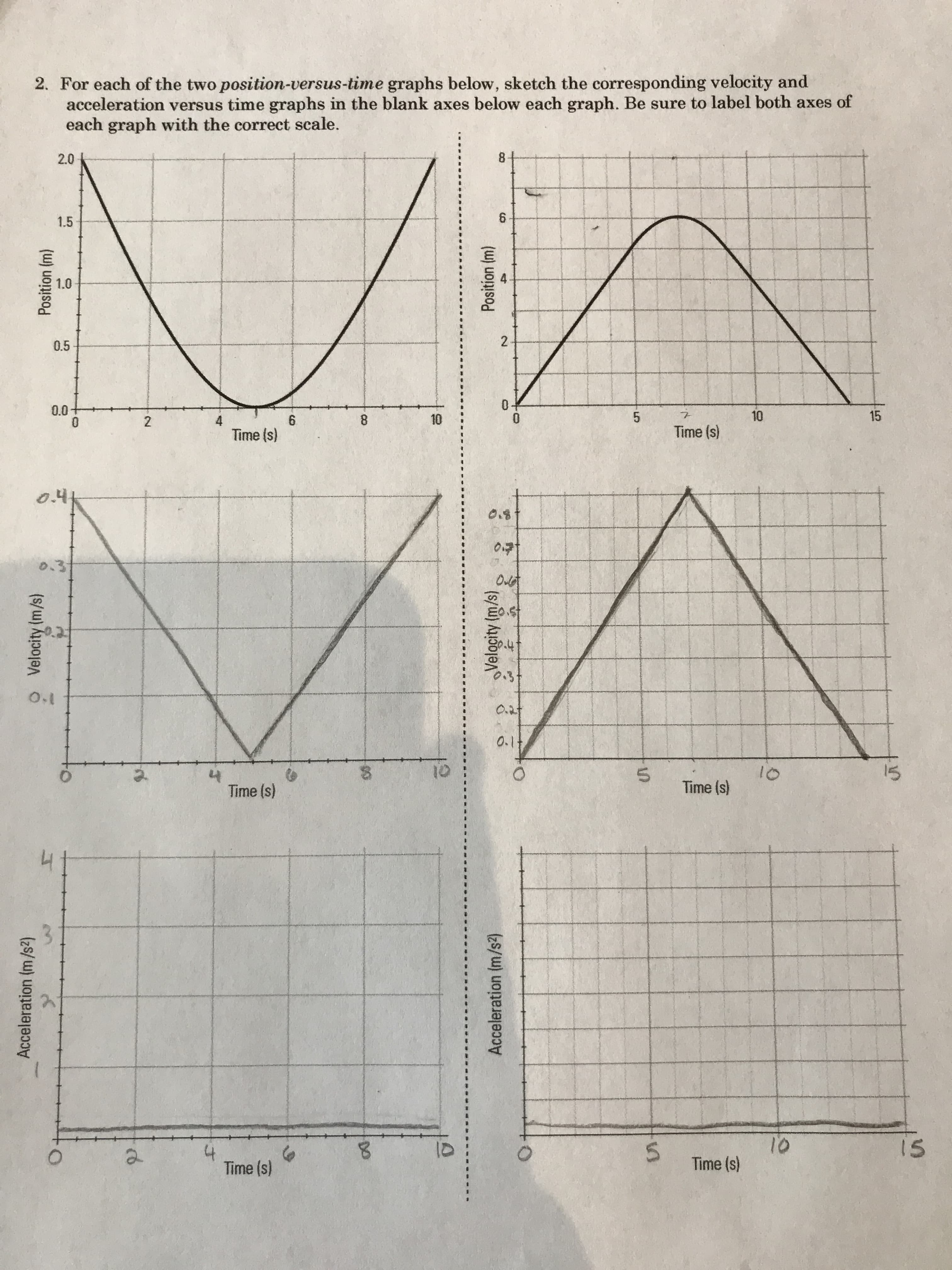 2. For each of the two position-versus-time graphs below, sketch the corresponding velocity and
acceleration versus time graphs in the blank axes below each graph. Be sure to label both axes of
each graph with the correct scale.
8
2.0
6
1.5
1.0
2
0.5
O
0.0
0
15
5
10
8
6
4
2
Time (s)
Time (s)
0.4
0.7
Ouet
St
O.1
0.1
15
8
5
O
Time (s)
Time (s)
10
Time (s)
15
4
Time (s)
Position (m)
o Velocity (m/s)
Acceleration (m/s2)
CO
Position (m)
DO
Acceleration (m/s2)
10
S
L2
