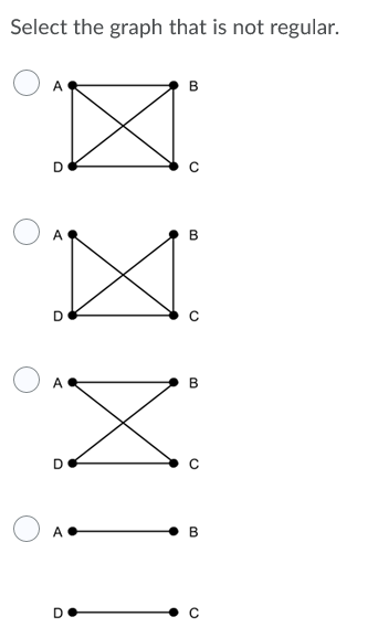 Select the graph that is not regular.
в
D
B
D
D
C
A
B

