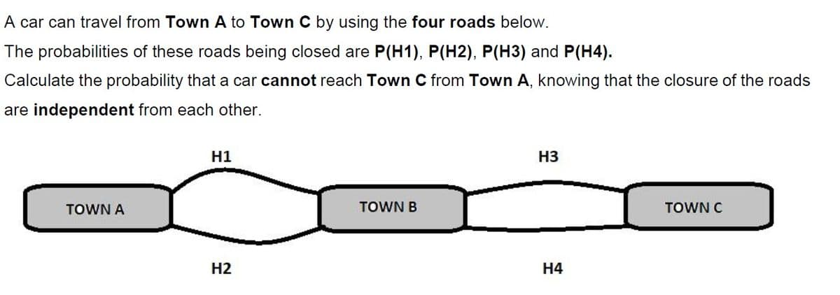 A car can travel from Town A to Town C by using the four roads below.
The probabilities of these roads being closed are P(H1), P(H2), P(H3) and P(H4).
Calculate the probability that a car cannot reach Town C from Town A, knowing that the closure of the roads
are independent from each other.
H1
H3
TOWN A
TOWN B
TOWN C
Н2
Н4
