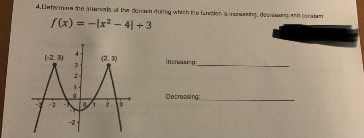4.Determine the intervals of the domain during which the function is increasing, decreasing and constant
f(x) = -|x2 - 4|+3
(-2, 3)
3
(2, 3)
Increasing:
Decreasing:
0/1
2.
-2
