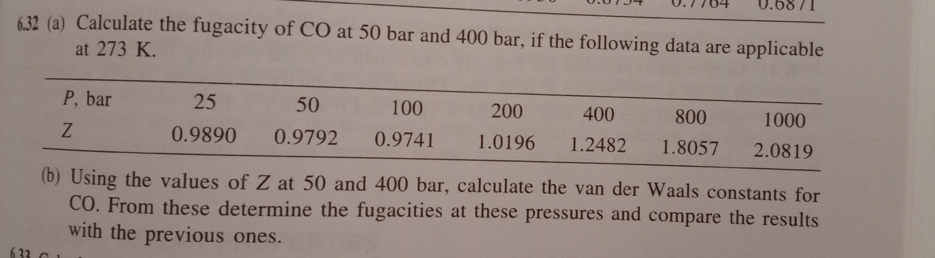 6.32 (a) Calculate the fugacity of CO at 50 bar and 400 bar, if the following data are applicable
at 273 K.
P, bar
25
50
100
200
400
800
1000
0.9890
0.9792
0.9741
1.0196
1.2482
1.8057 2.0819
(b) Using the values of Z at 50 and 400 bar, calculate the van der Waals constants for
CO. From these determine the fugacities at these pressures and compare the results
with the previous ones.
