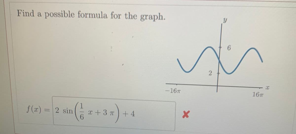 Find a possible formula for the graph.
-16T
16T
f(x) = 2 sin
x +3 T)+4
