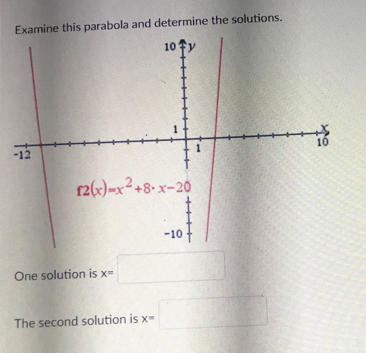 Examine this parabola and determine the solutions.
10 y
-12
10
f2(x)=x2+8•x-20
-10
One solution is x=
The second solution is xD
