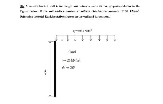 Q2 A smooth backed wall is 6m height and retain a soil with the properties shown in the
Figure below. If the soil surface carries a uniform distribution pressure of 50 kN/m*.
Determine the total Rankine active stresses on the wall and its positions.
q-50 kN/m?
Sand
y= 20 kN/m
Ø' = 20°
