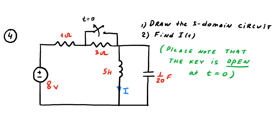 4
8 v
Ich
t=0
3
5H
H
1) DRAW the s-domaiN CIRCUIT
2) Find I (t)
(PleASE NOTE
20
THAT
THE KEY is OPEN
at t = 0)