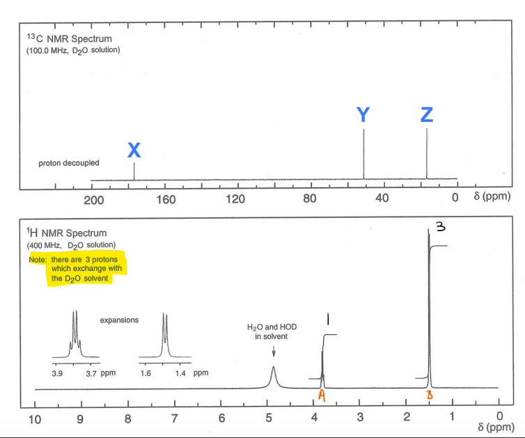 13C NMR Spectrum
(100.0 MHz, D20 solution)
Y
proton decoupled
200
160
120
80
40
O 8 (ppm)
3
'H NMR Spectrum
(400 MHz, D20 solution)
Note: there are 3 protons
which exchange with
the D20 solvent
expansions
H20 and HOD
in solvent
3.9
3.7 ppm
1.6
1.4 ppm
A
1
8 (ppm)
10
9.
8
7
4
N
2.
LO

