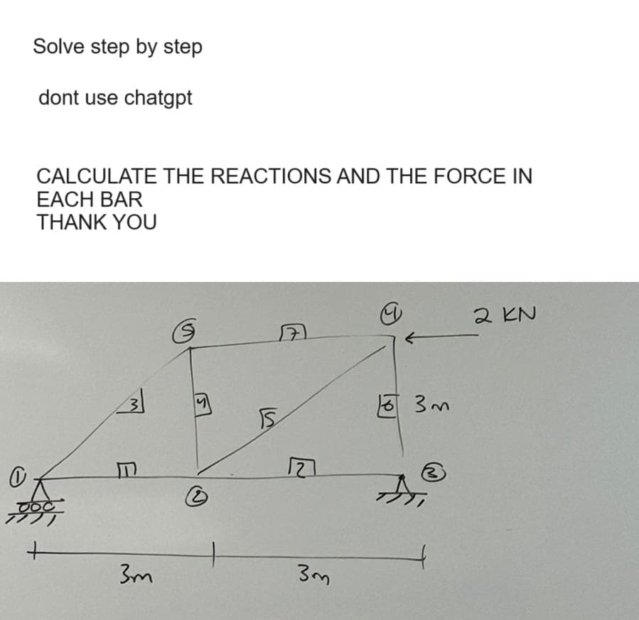 0
Solve step by step
dont use chatgpt
CALCULATE THE REACTIONS AND THE FORCE IN
EACH BAR
THANK YOU
VOC
77
+
3
3m
S
4
2
3m
15 3m
2 KN