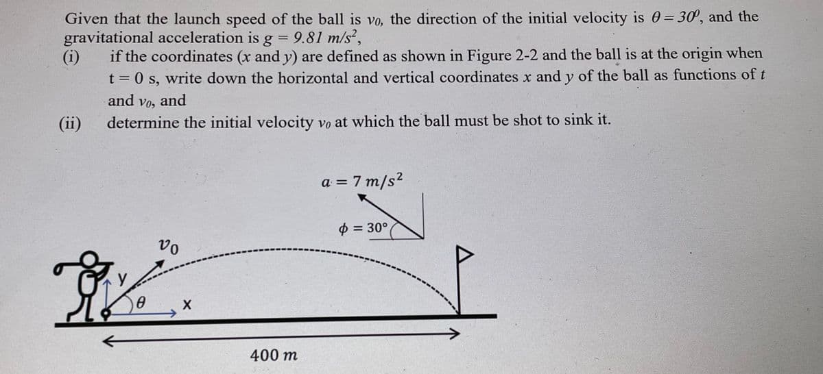 Given that the launch speed of the ball is vo, the direction of the initial velocity is 0= 30°, and the
gravitational acceleration is g = 9.81 m/s²,
if the coordinates (x and y) are defined as shown in Figure 2-2 and the ball is at the origin when
(i)
t = 0 s, write down the horizontal and vertical coordinates x and y of the ball as functions of t
and vo, and
(ii)
determine the initial velocity vo at which the ball must be shot to sink it.
a = 7 m/s²
$ = 30°
400 т
