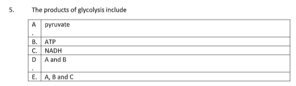 5.
The products of glycolysis include
A pyruvate
.
B.
ATP
C.
NADH
D
A and B
.
E. A, B and C