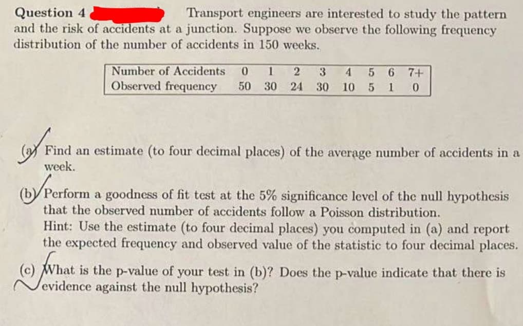 Question 4
and the risk of accidents at a junction. Suppose we observe the following frequency
distribution of the number of accidents in 150 weeks.
Transport engineers are interested to study the pattern
Number of Accidents
0.
1
3
4.
7+
Observed frequency
50
30
24
30
10 5
1
Find an estimate (to four decimal places) of the average number of accidents in a
week.
(b)/ Perform a goodness of fit test at the 5% significance level of the null hypothesis
that the observed number of accidents follow a Poisson distribution.
Hint: Use the estimate (to four decimal places) you computed in (a) and report
the expected frequency and observed value of the statistic to four decimal places.
(c) What is the p-value of your test in (b)? Does the p-value indicate that there is
evidence against the null hypothesis?
