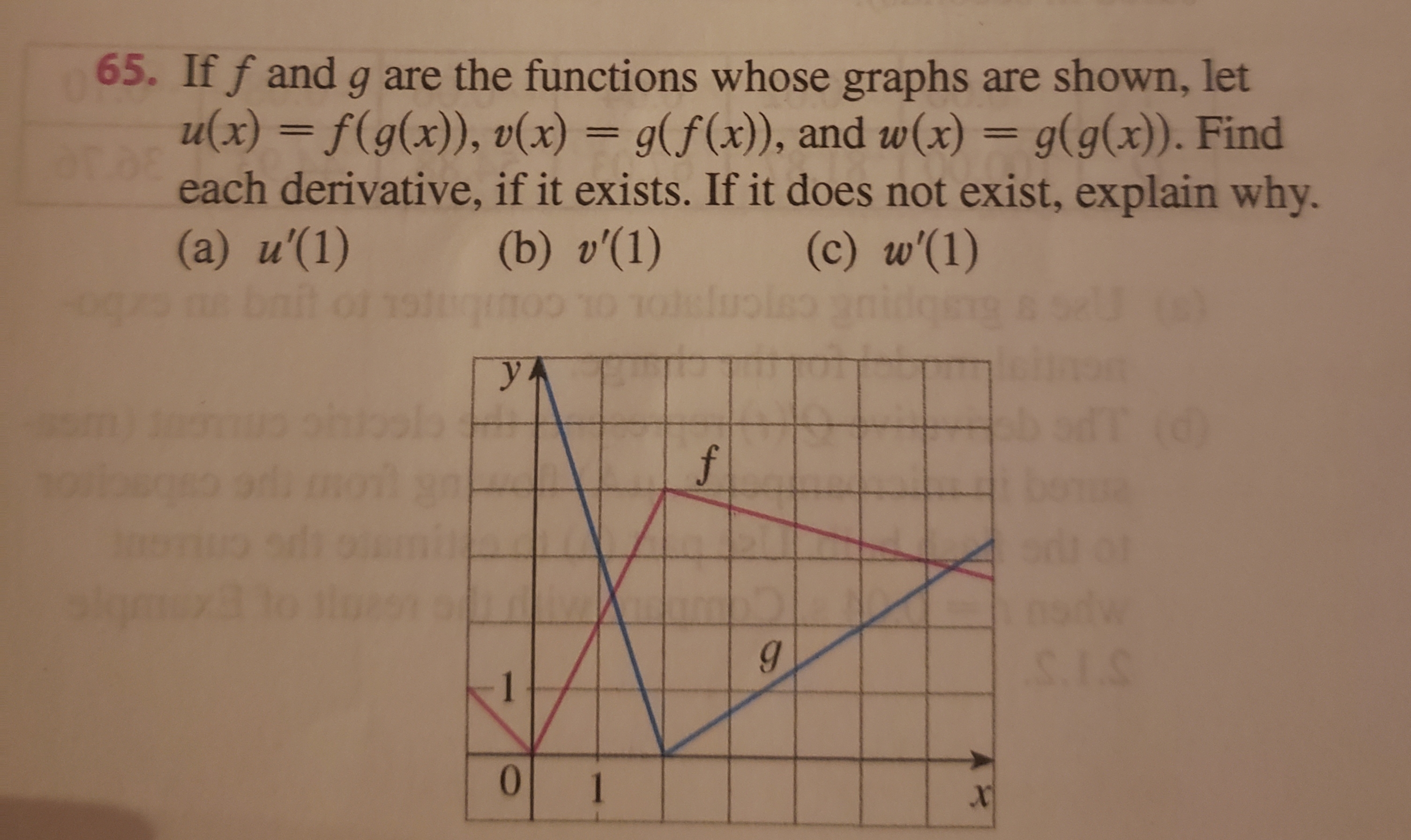 65. If f and g are the functions whose graphs are shown, let
Mx
g(x)), v(x) = g(f(x)), and w (x) = g(g(x)). Find
each derivative, if it exists. If it does not exist, explain why.
(a) и'(1)
(b) v'(1)
(c) w'(1)
у
SI.S
0
1
x
