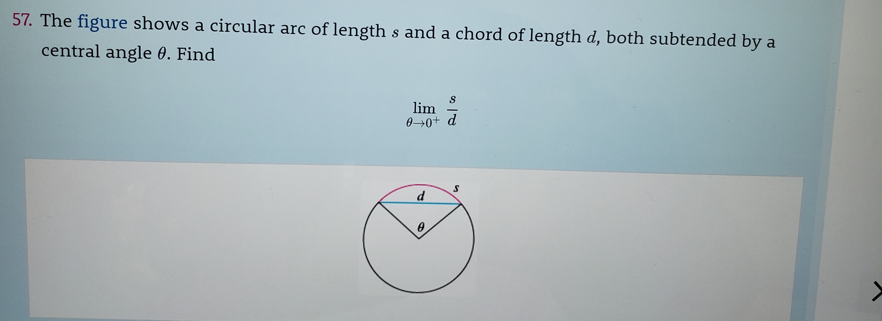 57. The figure shows a circular arc of length s and a chord of length d, both subtended by
a
central angle 0. Find
lim
0-0+ d
