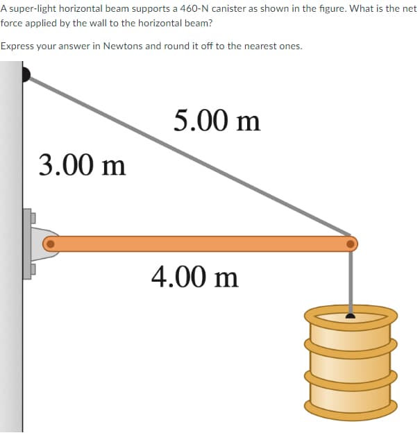 A super-light horizontal beam supports a 460-N canister as shown in the figure. What is the net
force applied by the wall to the horizontal beam?
Express your answer in Newtons and round it off to the nearest ones.
5.00 m
3.00 m
4.00 m
Om