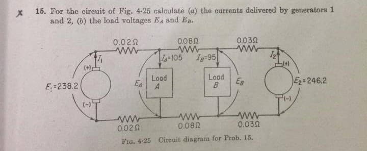 15. For the circuit of Fig. 4-25 calculate (a) the currents delivered by generators 1
and 2, (b) the load voltages EA and ER.
0.082
0.032
0.020
ww
A-105
Ig-95
(+)
Load
Load
EA
Eg
E2=246.2
E =238.2
0.020
0.082
0.032
Fra. 4-25 Cireuit diagram for Prob. 15.

