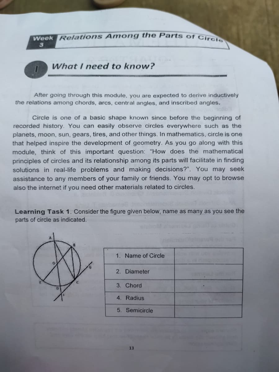 Week Relations A mong the Parts of Circie
What I need to know?
After going through this module, you are expected to derive inductively
the relations among chords, arcs, central angles, and inscribed angles.
ofib
Circle is one of a basic shape known since before the beginning of
recorded history. You can easily observe circles everywhere such as the
planets, moon, sun, gears, tires, and other things. In mathematics, circle is one
that helped inspire the development of
module, think of this important question: "How does the mathematical
principles of circles and its relationship among its parts will facilitate in finding
solutions in real-life problems and making decisions?". You may seek
eometry. As you go along with this
assistance to any members of your family or friends. You may opt to browse
also the internet if you need other materials related to circles.
Learning Task 1. Consider the figure given below, name as many as you see the
parts of circle as indicated.
1. Name of Circle
2. Diameter
3. Chord
4. Radius
5. Semicircle
13
