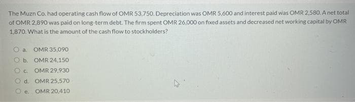 The Muzn Co. had operating cash flow of OMR 53.750. Depreciation was OMR 5,600 and interest paid was OMR 2,580. A net total
of OMR 2,890 was paid on long-term debt. The firm spent OMR 26,000 on fixed assets and decreased net working capital by OMR
1,870. What is the amount of the cash flow to stockholders?
O a. OMR 35,090
O b. OMR 24,150
O c.
OMR 29.930
d. OMR 25,570
e.
OMR 20,410
